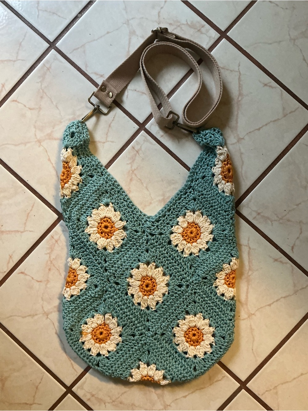 Handcrafted Teal Crochet Shoulder Bag with Floral Motif